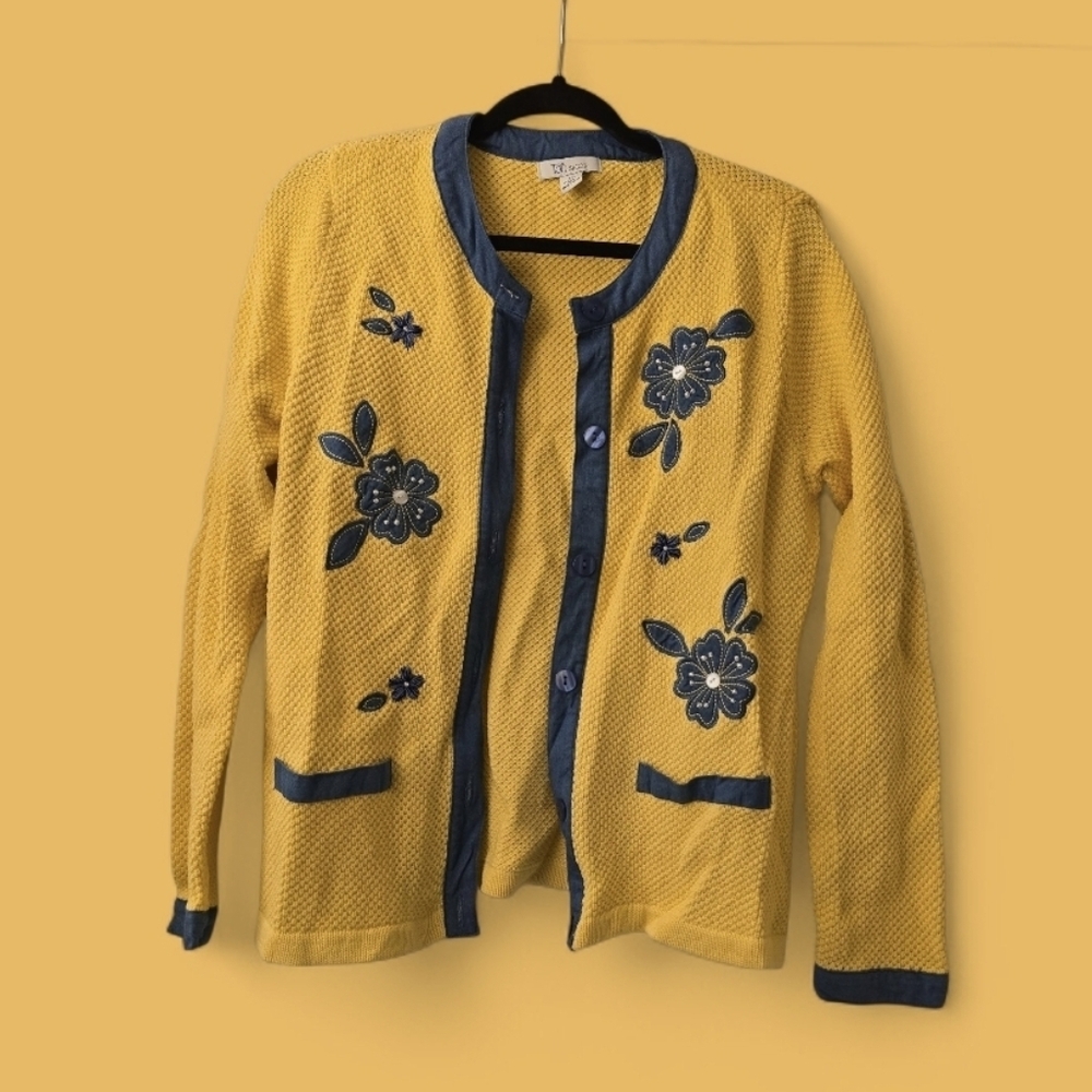 To Shop, Medium, Elegant Yellow Cardigan with Navy Floral Design